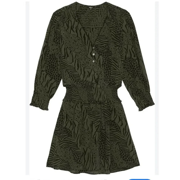 RAILS Zana Animal-Print Smocked-Waist Mini Dress Olive Green Small - Picture 2 of 10